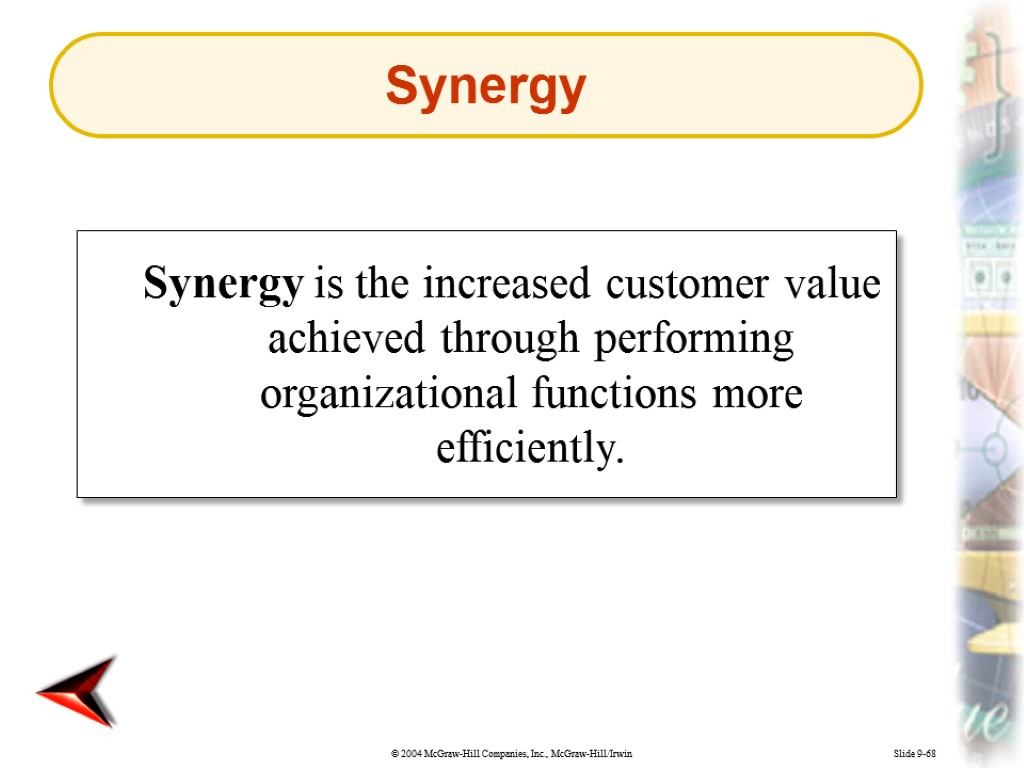 Slide 9-68 Synergy is the increased customer value achieved through performing organizational functions more